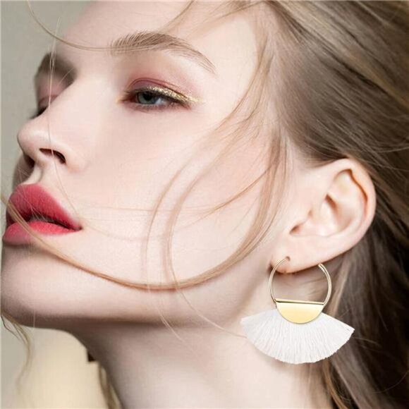 4Pairs White & Gold Tassel Earrings For Women Fan Shape Tassel Earrings Long - Picture 6 of 6